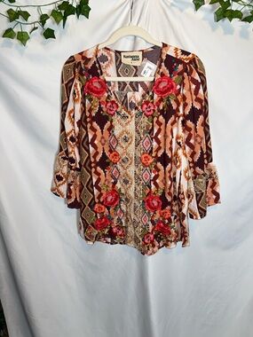 Savanna Jane Brown Floral Embroidered Boho Tunic with Red Roses